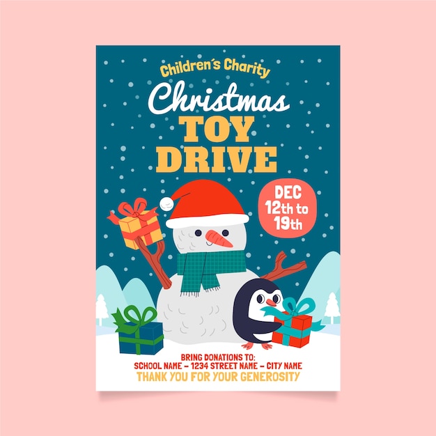 Vector hand drawn flat christmas toy drive vertical poster template