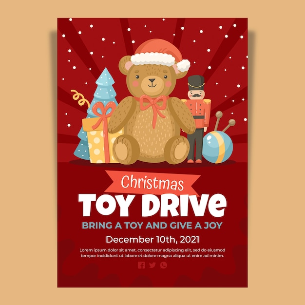 Vector hand drawn flat christmas toy drive vertical poster template