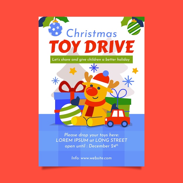 Vector hand drawn flat christmas toy drive vertical poster template