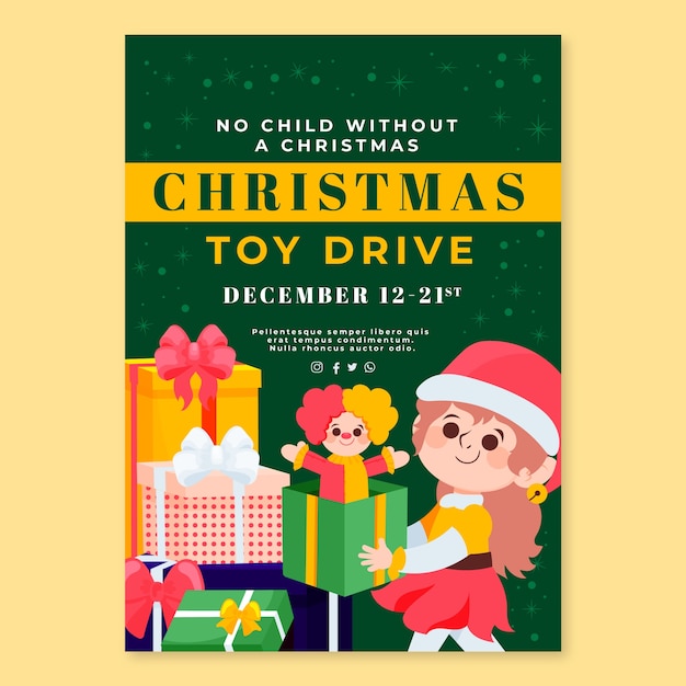 Vector hand drawn flat christmas toy drive vertical poster template