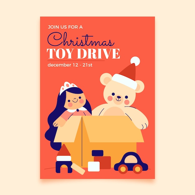 Vector hand drawn flat christmas toy drive vertical poster template