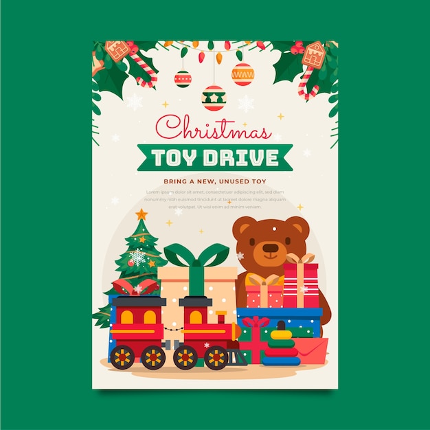 Vector hand drawn flat christmas toy drive vertical poster template