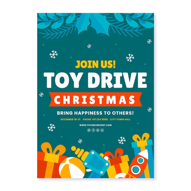 Vector hand drawn flat christmas toy drive vertical poster template