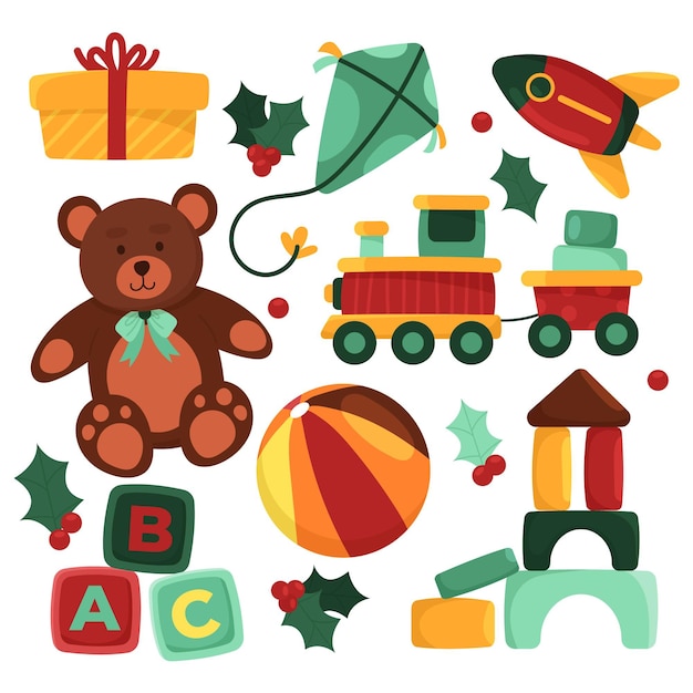 Vector hand drawn flat christmas toys collection