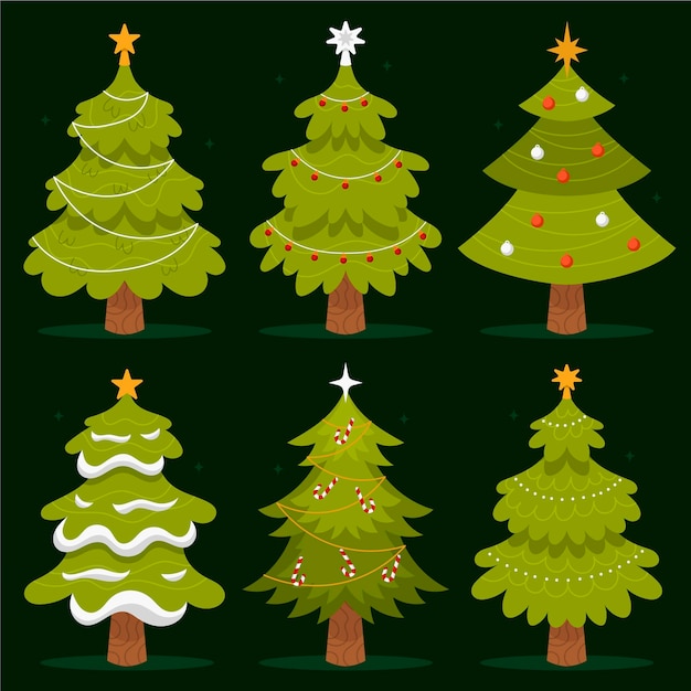 Vector hand drawn flat christmas trees collection