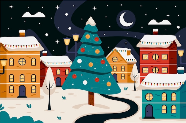 Hand drawn flat christmas village illustration