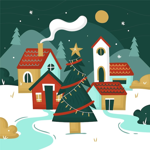 Hand drawn flat christmas village illustration