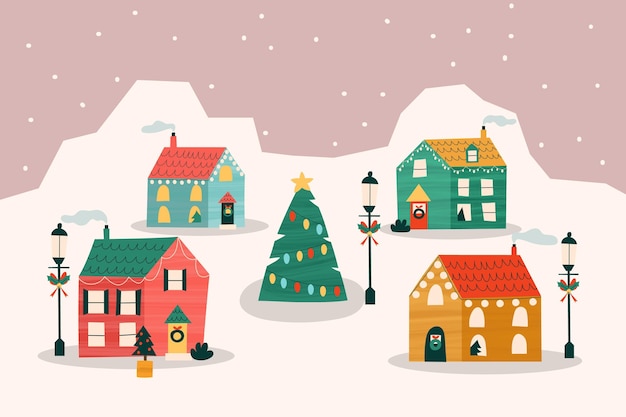 Vector hand drawn flat christmas village illustration