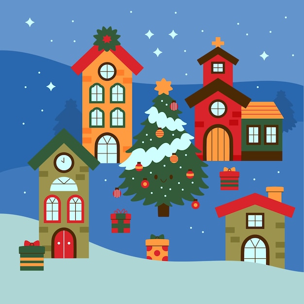 Vector hand drawn flat christmas village illustration