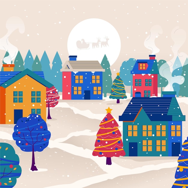 Hand drawn flat christmas village illustration