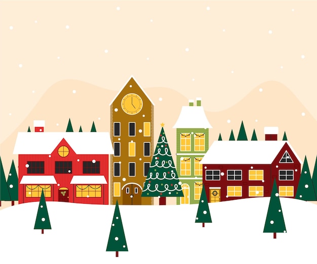 Vector hand drawn flat christmas village illustration