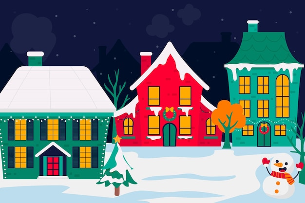 Vector hand drawn flat christmas village illustration