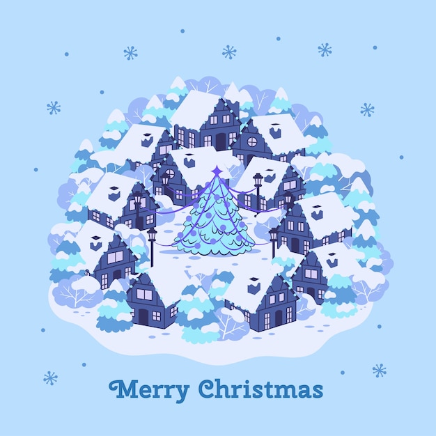 Vector hand drawn flat christmas village illustration