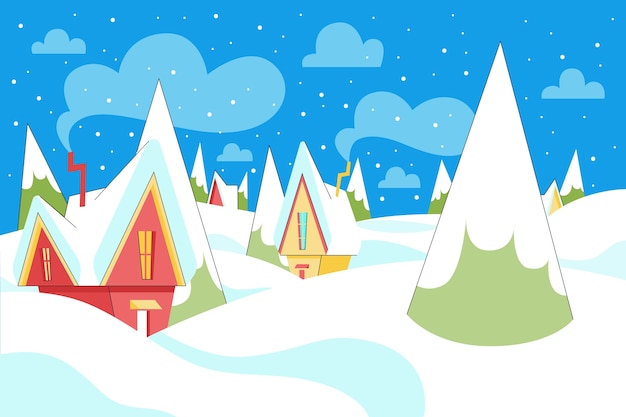 Vector hand drawn flat christmas village illustration