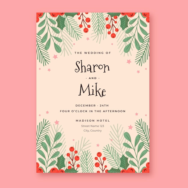 Hand drawn flat christmas wedding invitation template