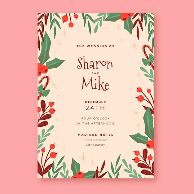 Vector hand drawn flat christmas wedding invitation template