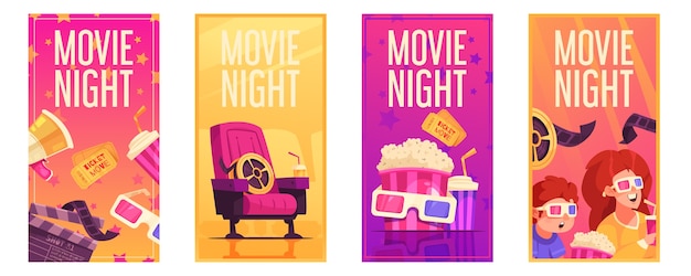 Vector hand drawn flat cinema card set