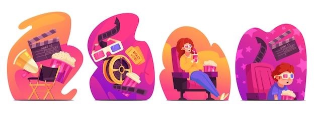 hand drawn flat cinema mini composition set