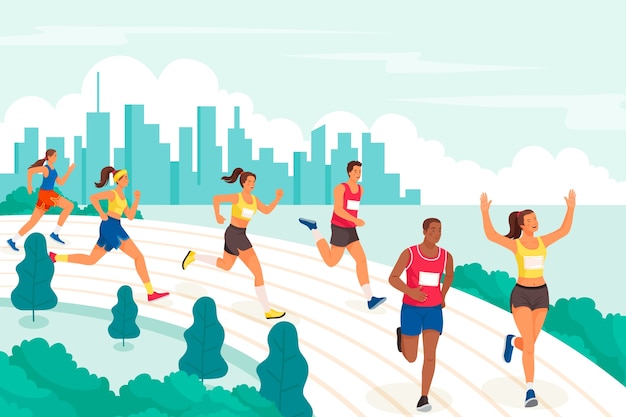 Hand drawn flat city marathon illustration with people running on cityscape