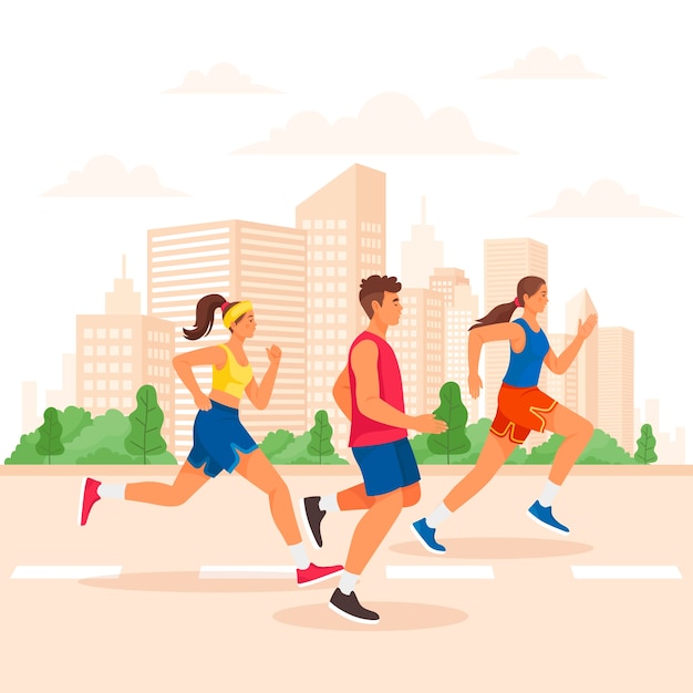 Hand drawn flat city marathon illustration with people running