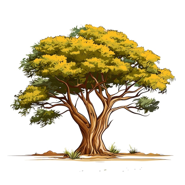 Vettore illustrazione disegnata a mano dell'albero di acacia a colori piatti