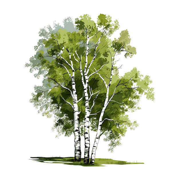 Vector hand drawn flat color birch tree illustration