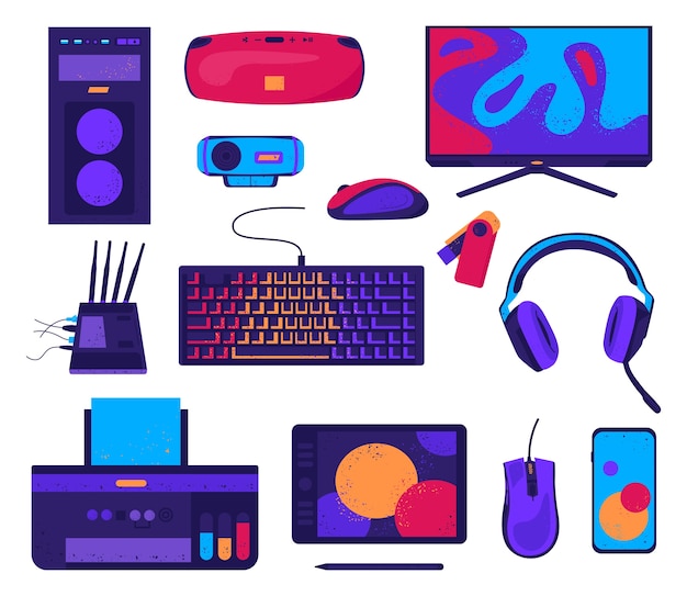 Hand drawn flat computer accessories illustration set