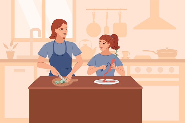 Hand drawn flat cooking and bakery composition background with mother and daugther cooking