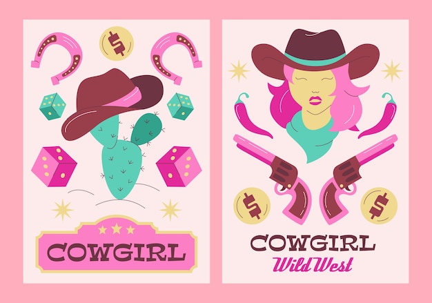 Vector hand drawn flat cowgirl vertical cards set