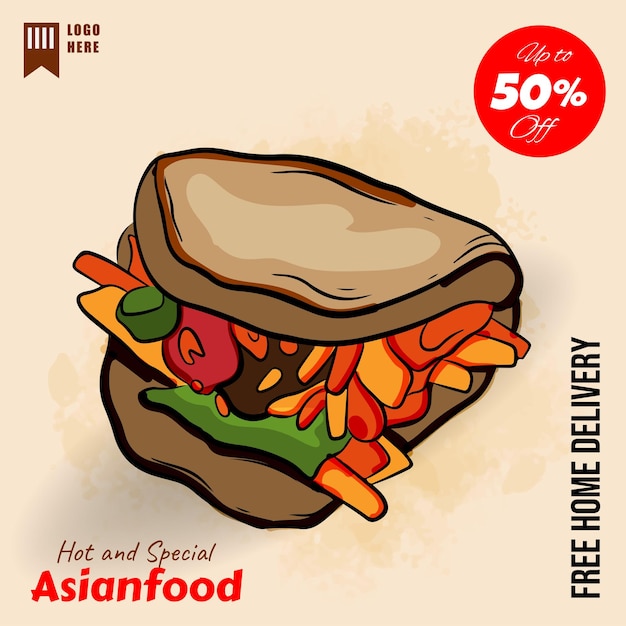 Vector hand drawn flat design asian food illustration