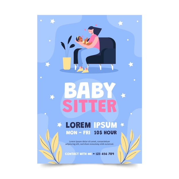 Vettore volantino per baby sitter design piatto disegnato a mano