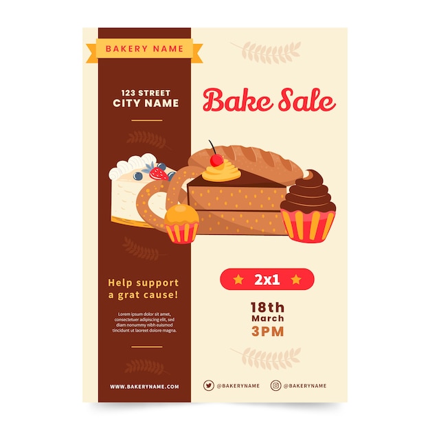 Vector hand drawn flat design bake sale flyer template