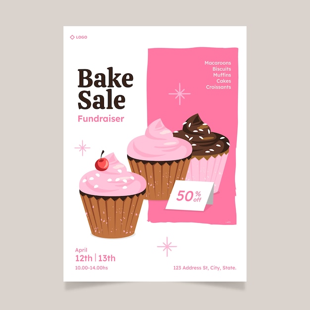 Vector hand drawn flat design bake sale flyer