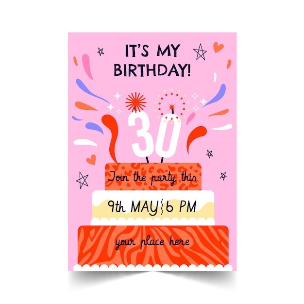 Vector hand drawn flat design birthday party flyer