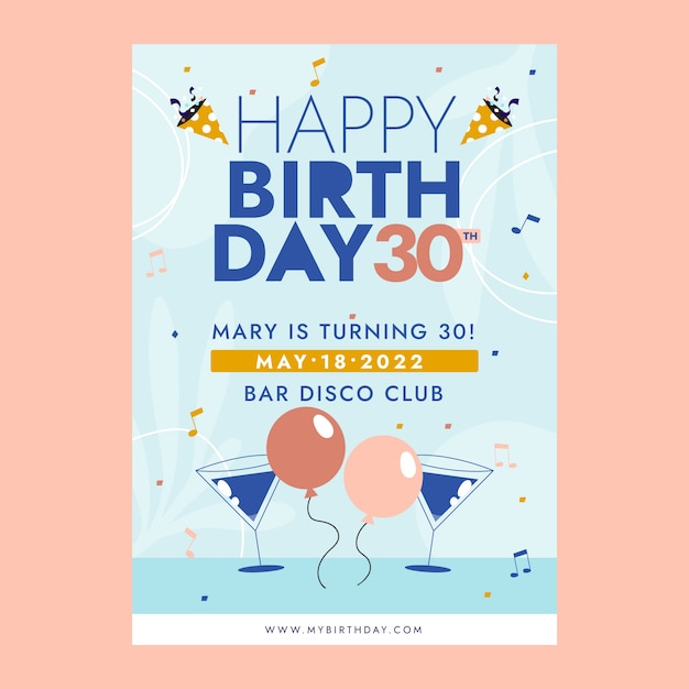 Vector hand drawn flat design birthday party flyer