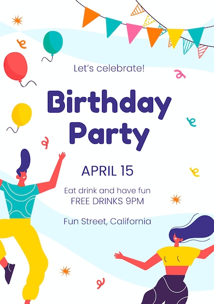 Hand drawn flat design birthday party flyer