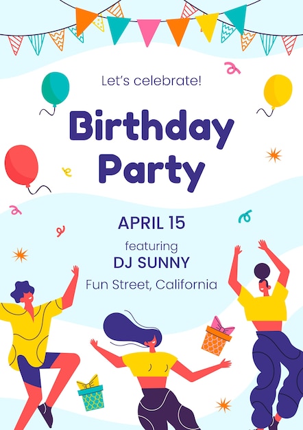 Vector hand drawn flat design birthday party flyer