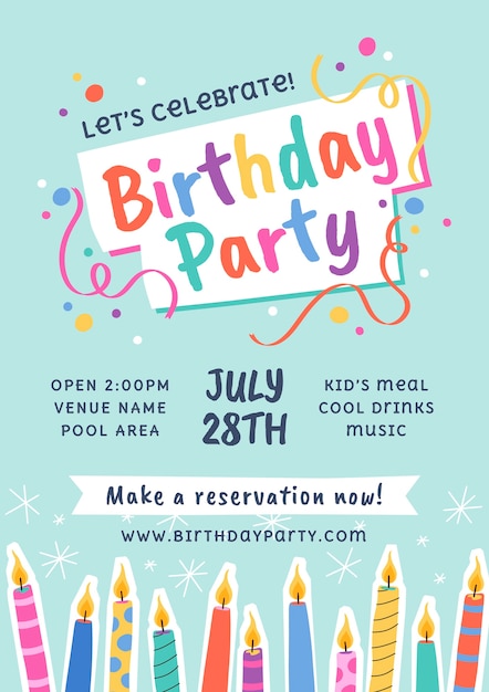 Vector hand drawn flat design birthday party flyer