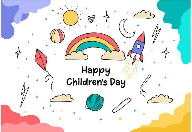 Hand drawn flat design children's day with rocket rainbow kite earth pencil and clouds