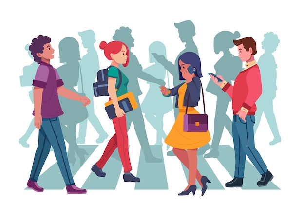 Vector hand drawn flat design crowd of people walking illustration