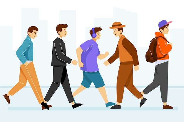 Vector hand drawn flat design crowd of people walking illustration