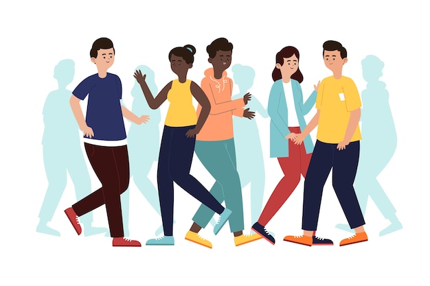 Vector hand drawn flat design crowd of people walking illustration