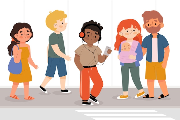 Hand drawn flat design crowd of people walking illustration