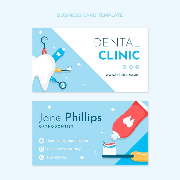 Hand drawn flat design dental clinic business card horizontal