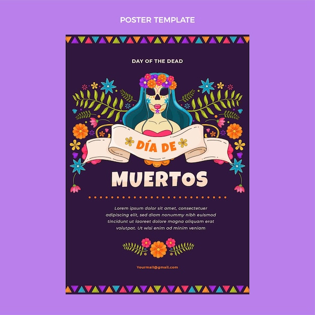 손으로 그린 평면 디자인 Dia De Muertos 포스터