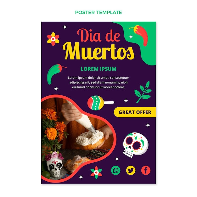 Vector hand drawn flat design dia de muertos poster