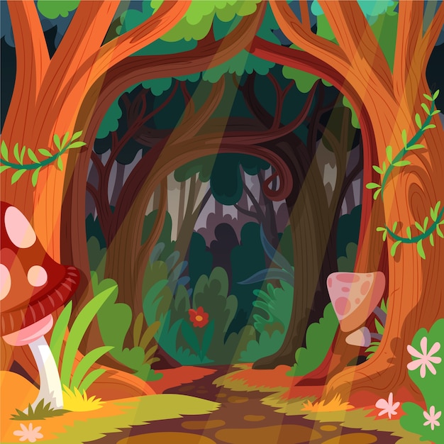 Vector hand drawn flat design enchanted forest illustration