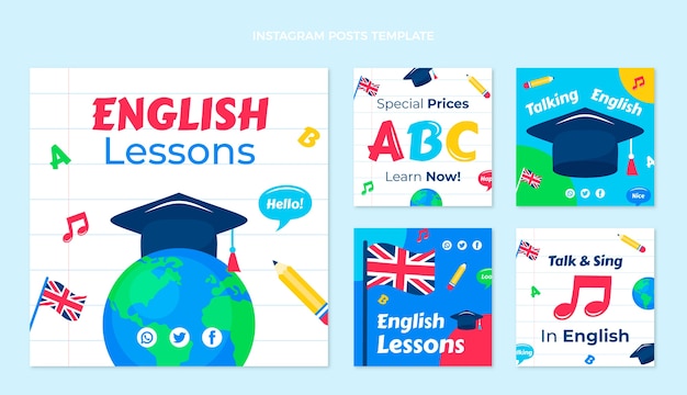 Vector hand drawn flat design english lessons template