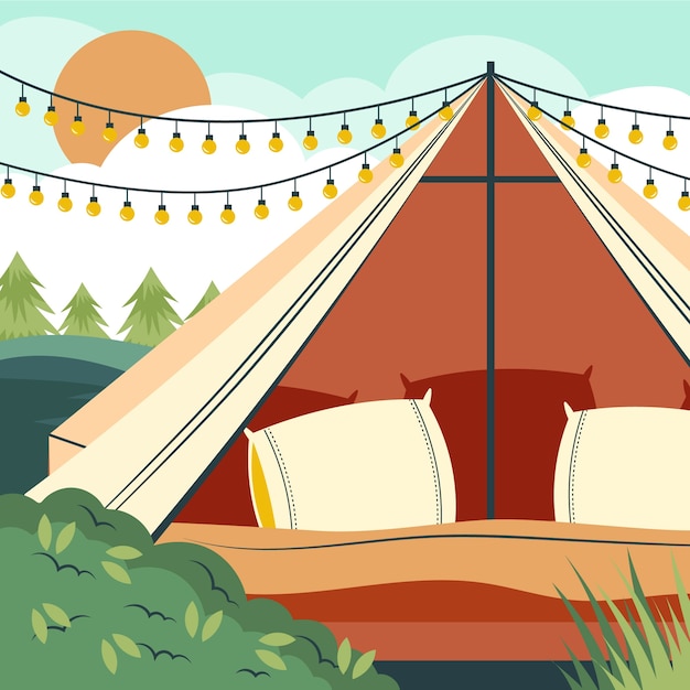 Vector hand drawn flat design glamping illustration