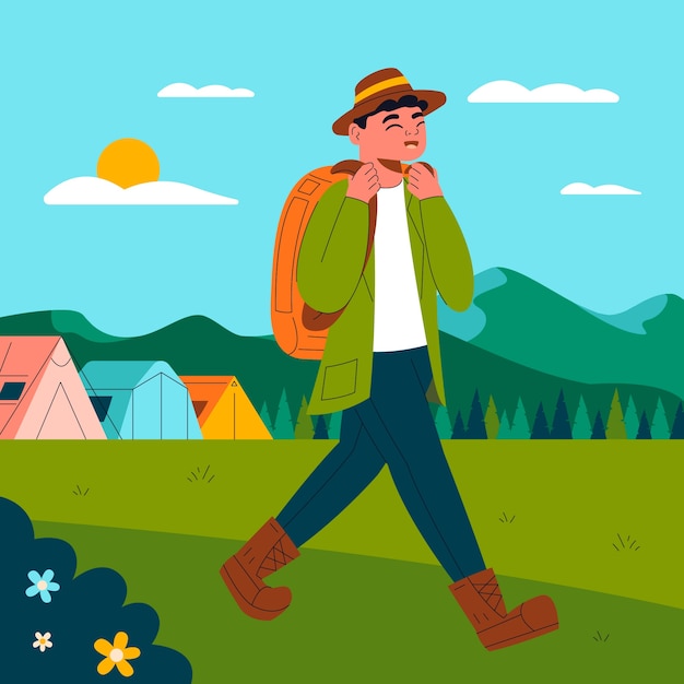 Vector hand drawn flat design glamping illustration